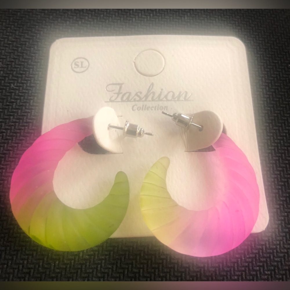 Fashion Collection Neon Pink to Lime Ombre Crescent Hoop Earrings